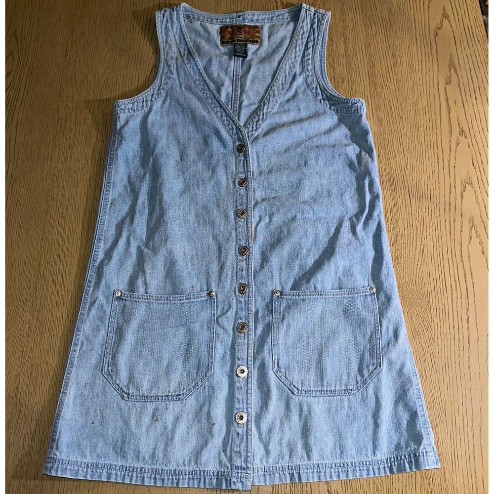 Vintage 90s EXP Express Denim Jumper Dress Mini Button Front S/M Hong Kong